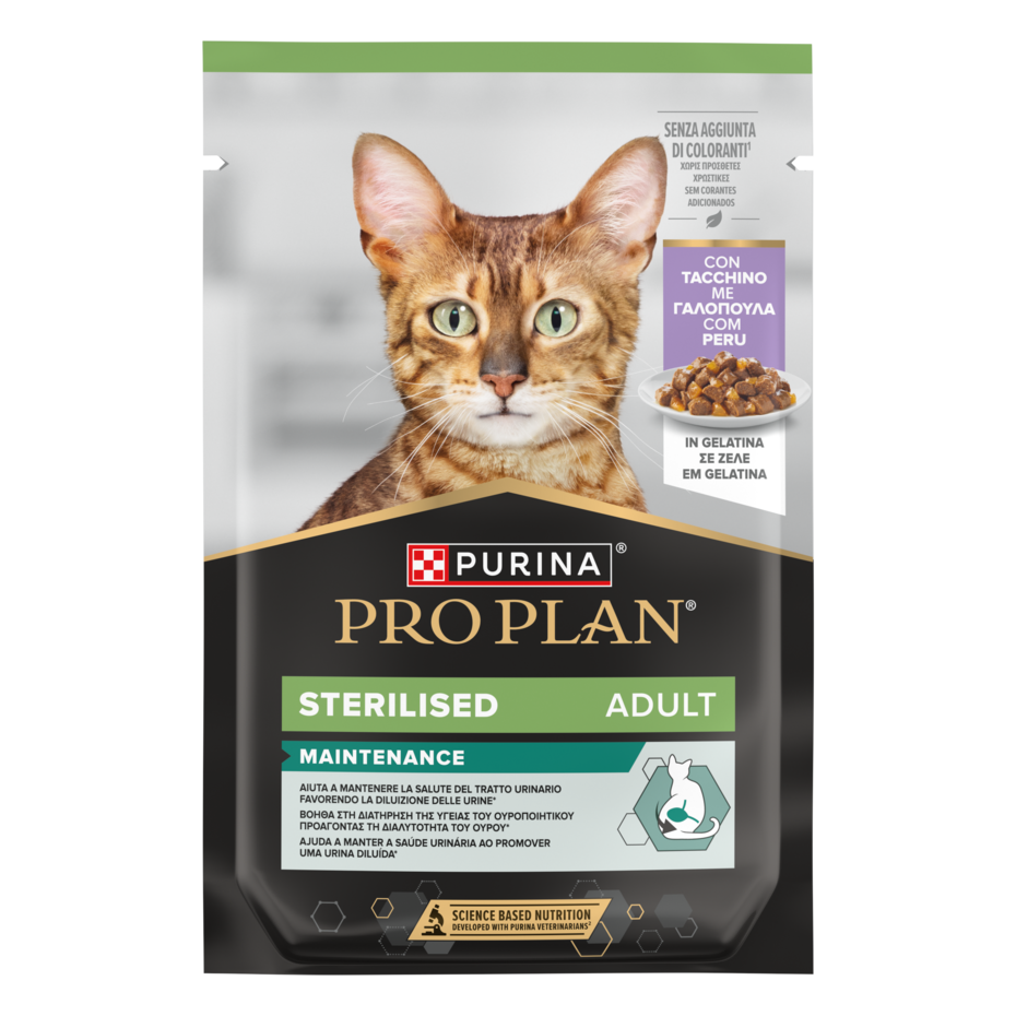 PURINA® PRO PLAN® Adult Sterilised Maintenance, su kalakutiena drebučiuose