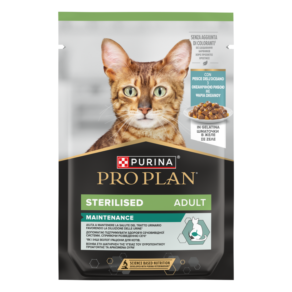 PURINA® PRO PLAN® Adult Sterilised Maintenance, su vandenyno žuvimis drebučiuose