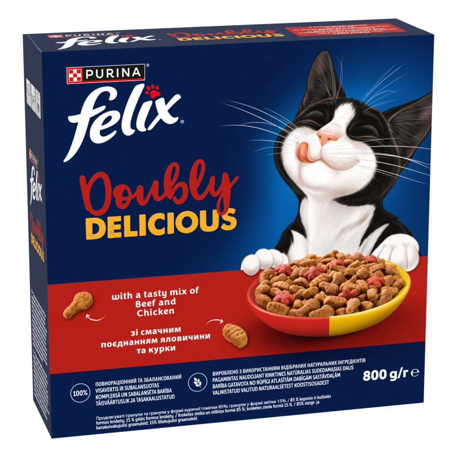„Felix® Doubly Delicious“ – sausasis suaugusių kačių pašaras su skaniu jautienos ir vištienos mišiniu, sudėtyje gausu burokėl