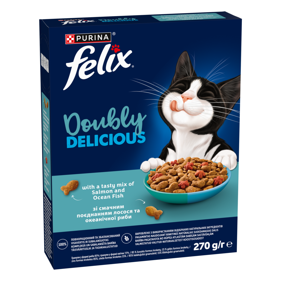 „Felix® Doubly Delicious“ – sausasis suaugusių kačių pašaras su skaniu lašišų ir vandenyno žuvų mišiniu, sudėtyje gausu burok