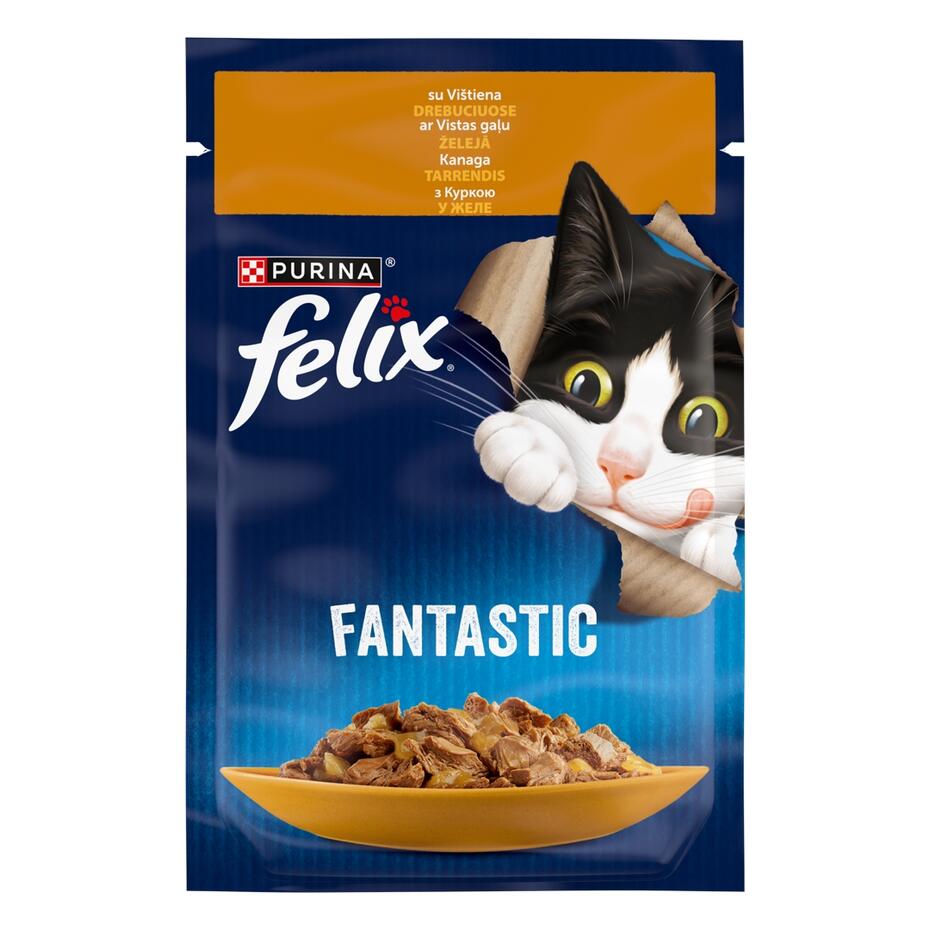 FELIX FANTASTIC visavertis šlapiasis ėdalas suaugusioms katėms su vištiena drebučiuose 85g