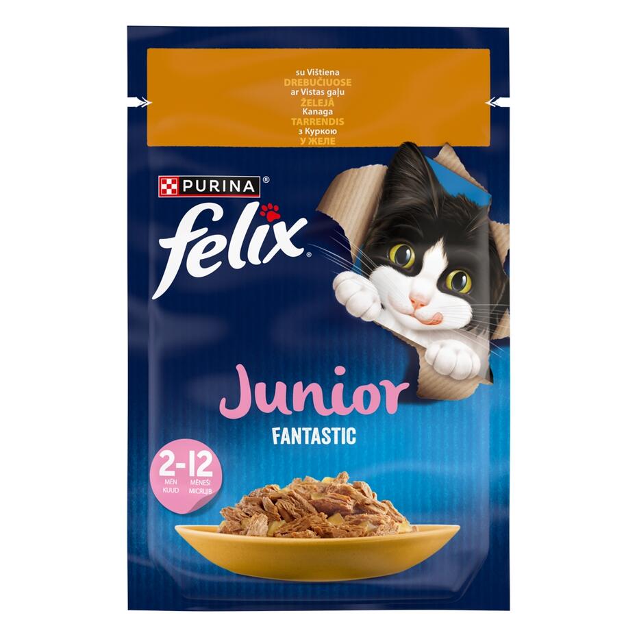 FELIX FANTASTIC Junior  visavertis šlapiasis ėdalas jauniems kačiukams su vištiena drebučiuose 85g
