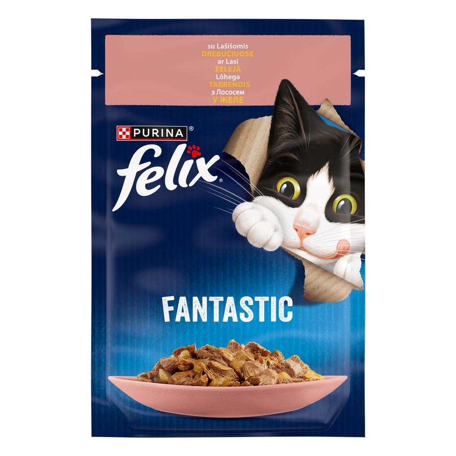 FELIX FANTASTIC visavertis šlapiasis ėdalas suaugusioms katėms su lašišomis drebučiuose 85g