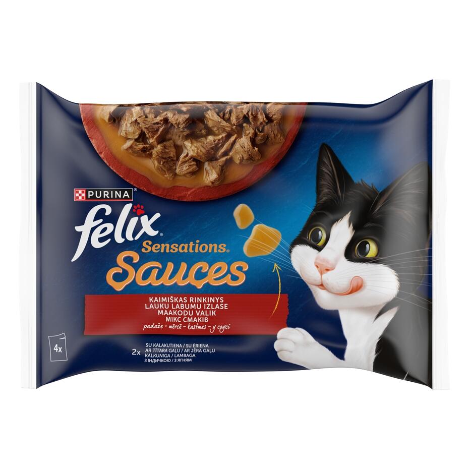 FELIX SENSATIONS Countryside Selection visavertis šlapiasis ėdalas suaugusioms katėms su padažu 4x85g