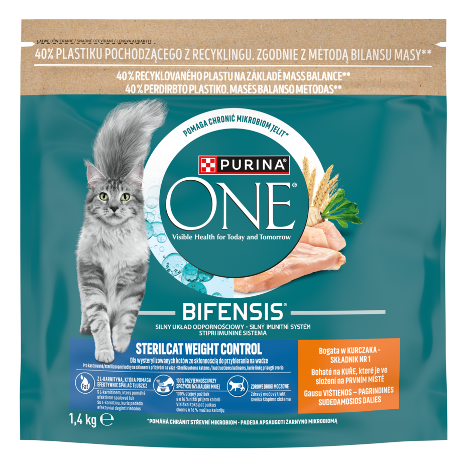 Sausasis kačių ėdalas PURINA ONE® STERILCAT WEIGHT CONTROL, sudėtyje gausu vištienos