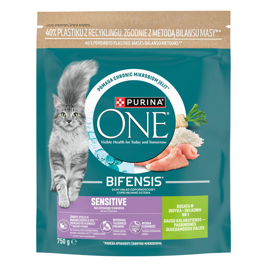 Sausasis kačių ėdalas PURINA ONE® SENSITIVE, sudėtyje gausu kalakutienos ir ryžių