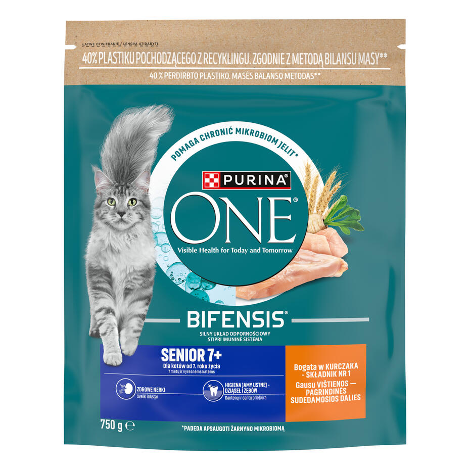 Sausasis kačių ėdalas PURINA ONE® SENIOR 7+, sudėtyje gausu vištienos