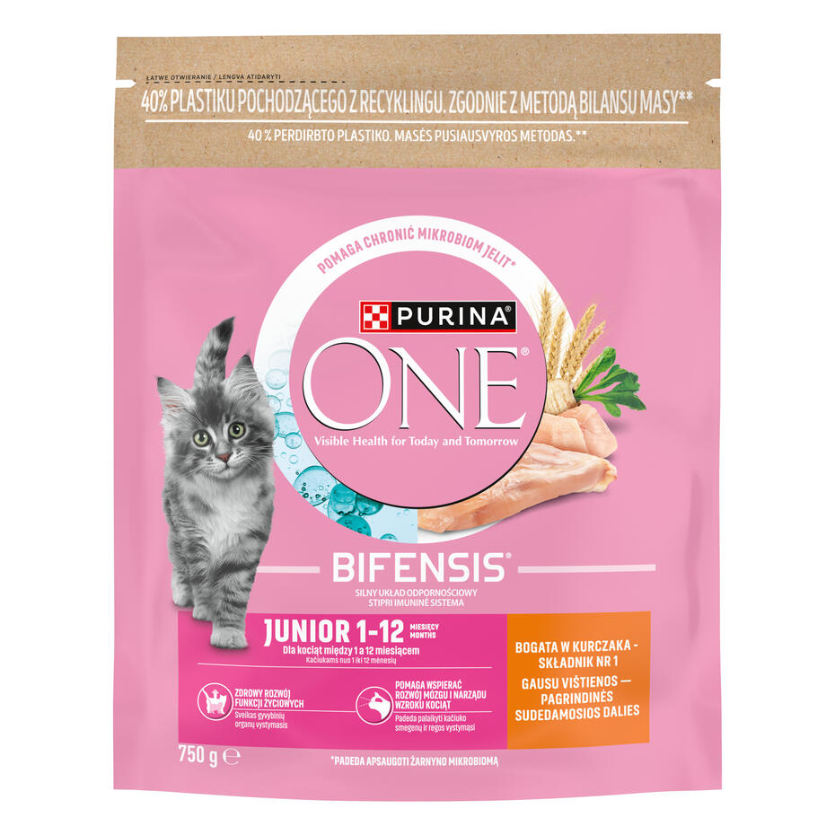 Sausasis kačių ėdalas PURINA ONE® JUNIOR, sudėtyje gausu vištienos