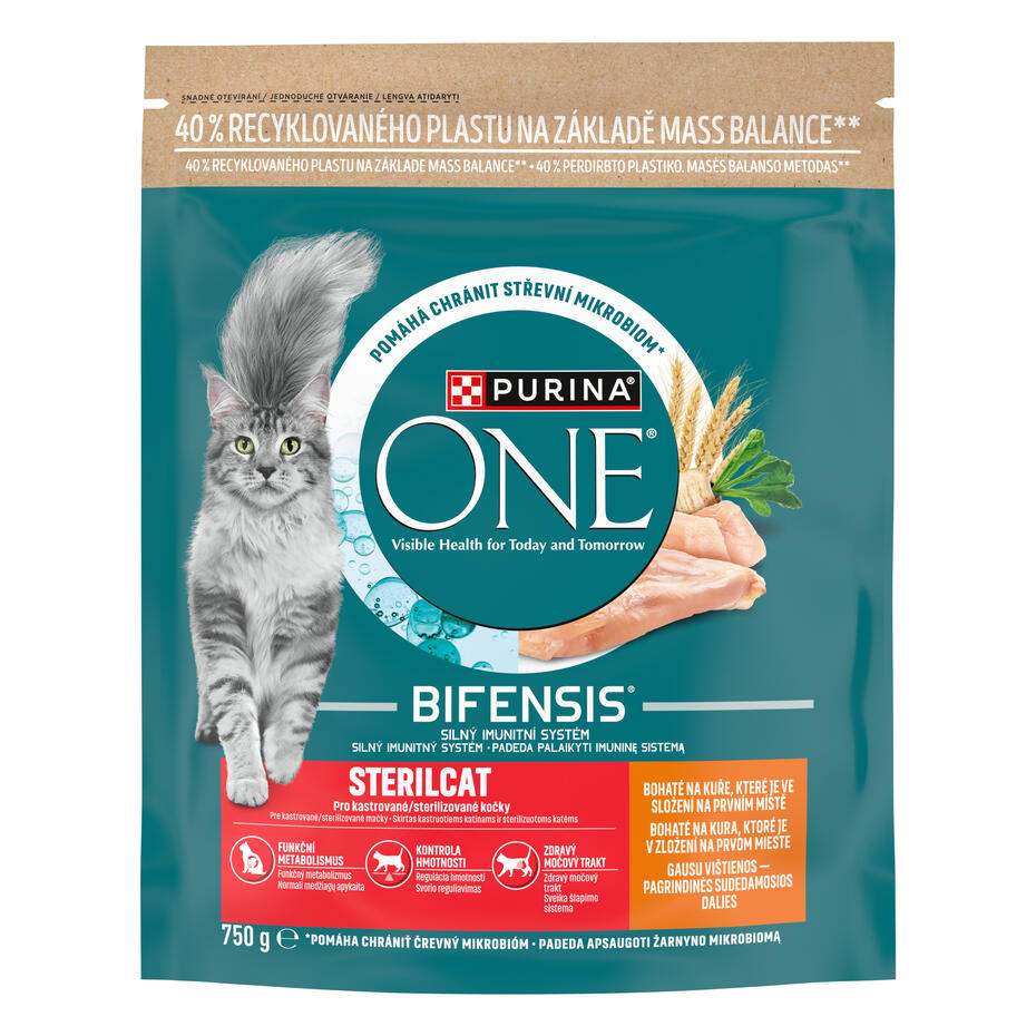 Sausasis kačių ėdalas „Purina ONE® STERILCAT“, sudėtyje gausu vištienos