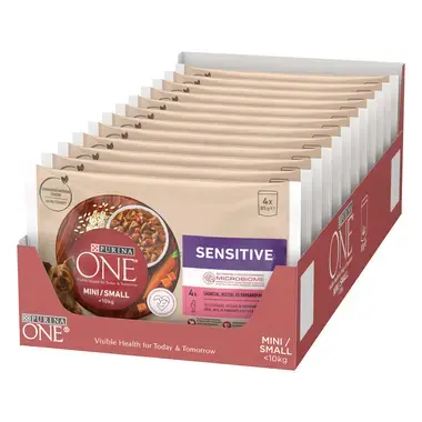 Šlapiasis šunų ėdalas PURINA ONE® MINI/SMALL SENSITIVE su lašišomis, ryžiais ir morkomis padaže