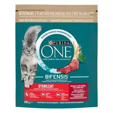 Sausasis kačių ėdalas PURINA ONE® STERILCAT, sudėtyje gausu jautienos