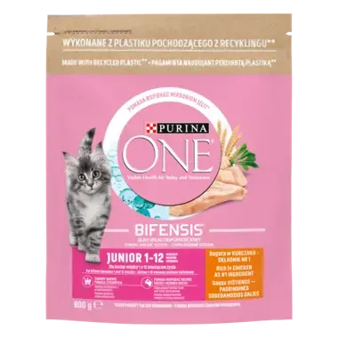 Sausasis kačių ėdalas PURINA ONE® JUNIOR, sudėtyje gausu vištienos