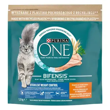 Sausasis kačių ėdalas PURINA ONE® STERILCAT WEIGHT CONTROL, sudėtyje gausu vištienos