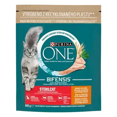 Sausasis kačių ėdalas „Purina ONE® STERILCAT“, sudėtyje gausu vištienos