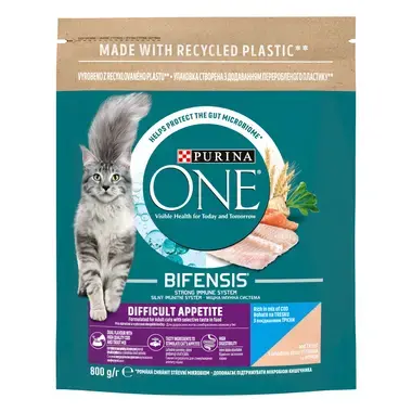 Sausasis kačių ėdalas PURINA ONE® DIFFICULT APPETITE, sudėtyje gausu menkių ir upėtakių