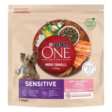 Sausasis šunų ėdalas PURINA ONE® MINI/SMALL SENSITIVE, sudėtyje gausu lašišų ir ryžių