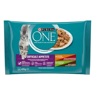 Šlapiasis kačių ėdalas PURINA ONE® DIFFICULT APPETITE, mini filė padaže, su vištiena ir jautiena arba kalakutiena ir antiena