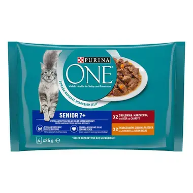 Šlapiasis kačių ėdalas PURINA ONE® SENIOR 7+, mini filė padaže, su vištiena ir šparaginėmis pupelėmis bei su jautiena ir mork