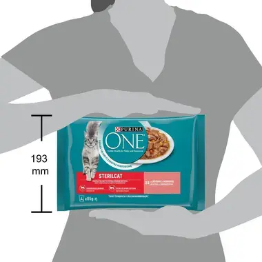 Šlapiasis kačių ėdalas PURINA ONE® STERILCAT, mini filė padaže, su lašišomis ir morkomis