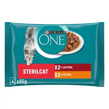 Šlapiasis kačių ėdalas PURINA ONE® STERILCAT, mini filė padaže, su jautiena ir morkomis arba su vištiena ir šparaginėmis pupe