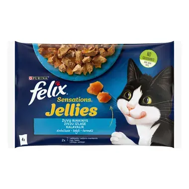 Šlapiasis kačių ėdalas FELIX® SENSATIONS, žuvų rinkinys drebučiuose (lašišos, ledjūrio menkės)