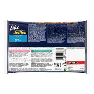 Šlapiasis kačių ėdalas FELIX® SENSATIONS, žuvų rinkinys drebučiuose (lašišos, ledjūrio menkės)