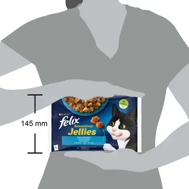Šlapiasis kačių ėdalas FELIX® SENSATIONS, žuvų rinkinys drebučiuose (lašišos, ledjūrio menkės)