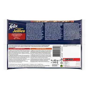 Šlapiasis kačių ėdalas FELIX® SENSATIONS kaimiškas rinkinys drebučiuose (jautiena, vištiena)