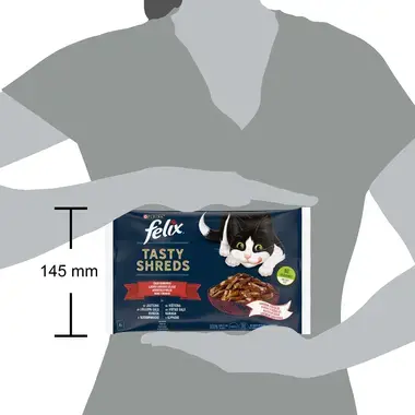 Šlapiasis kačių ėdalas FELIX® TASTY SHREDS ūkio rinkinys padaže (jautiena, vištiena)