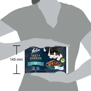 Šlapiasis kačių ėdalas FELIX® TASTY SHREDS vandenyno žuvų rinkinys padaže (lašišos, tunai)