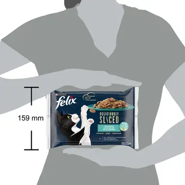 Šlapiasis kačių ėdalas FELIX® DELICIOUSLY SLICED vandenyno žuvų rinkinys drebučiuose (lašišos, tunai, menkės, plekšnės)