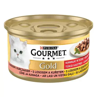 PURINA GOURMET® GOLD su lašišomis ir vištiena — visavertis šlapiasis ėdalas suaugusioms katėms, 85 g skardinė
