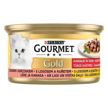 PURINA GOURMET® GOLD su lašišomis ir vištiena — visavertis šlapiasis ėdalas suaugusioms katėms, 85 g skardinė