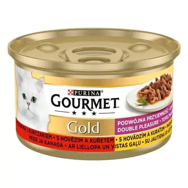 PURINA GOURMET® GOLD DOUBLE PLEASURE, visavertis šlapiasis ėdalas suaugusioms katėms, su jautiena ir vištiena, 85 g skardinė