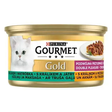 PURINA GOURMET® GOLD DOUBLE PLEASURE, visavertis šlapiasis ėdalas suaugusioms katėms, su triušiena ir kepenėlėmis, 85 g skard