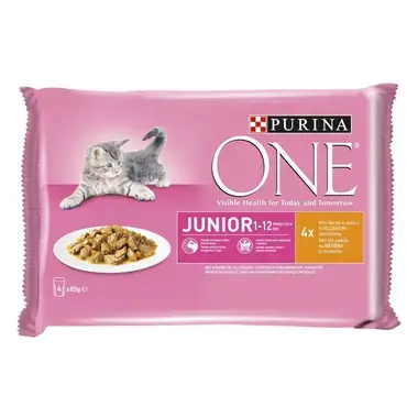 PURINA ONE® JUNIOR šlapiasis kačių ėdalas, skirtas jauniems kačiukams iki 12 mėn ir katingos bei žindančioms katėms, su višti
