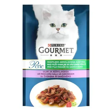 PURINA GOURMET® PERLE Mini Fillets — visavertis šlapiasis ėdalas suaugusioms katėms, su žvėriena ir daržovėmis, 85g maišelis