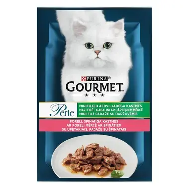 PURINA GOURMET® PERLE Mini Fillets in Gravy with vegetables — visavertis šlapiasis ėdalas suaugusioms katėms, su upėtakiais,
