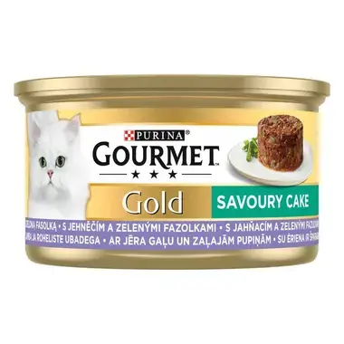 PURINA GOURMET® GOLD Savoury Cake šlapiasis kačių ėdalas su ėriena ir šparaginėmis pupelėmis, 85g skardinė