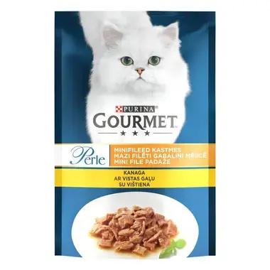 PURINA GOURMET® PERLE Mini Fillets — visavertis šlapiasis ėdalas suaugusioms katėms, su vištiena, 85g maišelis
