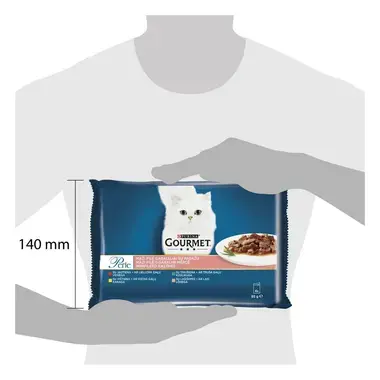 GOURMET® PERLE visavertis šlapiasis ėdalas suaugusioms katėms, maži filė gabalėliai su padažu. Daugiapakuotėje yra 4 skonių p