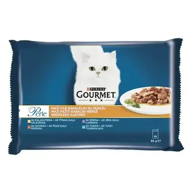 GOURMET® PERLE visavertis šlapiasis ėdalas suaugusioms katėms, maži filė gabalėliai su padažu. Daugiapakuotėje yra 4 skonių p