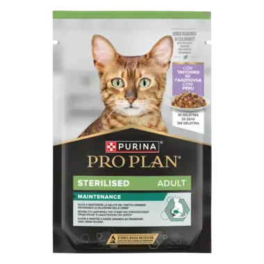 PURINA® PRO PLAN® Adult Sterilised Maintenance, su kalakutiena drebučiuose