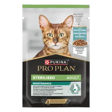 PURINA® PRO PLAN® Adult Sterilised Maintenance, su vandenyno žuvimis drebučiuose