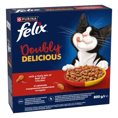 „Felix® Doubly Delicious“ – sausasis suaugusių kačių pašaras su skaniu jautienos ir vištienos mišiniu, sudėtyje gausu burokėl