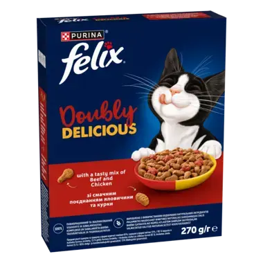 „Felix® Doubly Delicious“ – sausasis suaugusių kačių pašaras su skaniu jautienos ir vištienos mišiniu, sudėtyje gausu burokėl