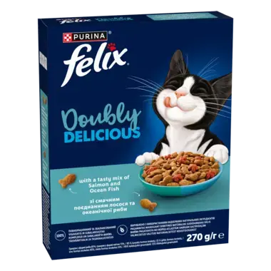 „Felix® Doubly Delicious“ – sausasis suaugusių kačių pašaras su skaniu lašišų ir vandenyno žuvų mišiniu, sudėtyje gausu burok