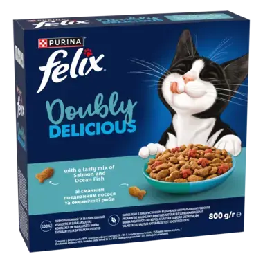 „Felix® Doubly Delicious“ – sausasis suaugusių kačių pašaras su skaniu lašišų ir vandenyno žuvų mišiniu, sudėtyje gausu burok