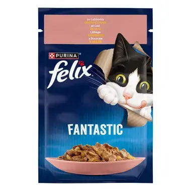 FELIX FANTASTIC visavertis šlapiasis ėdalas suaugusioms katėms su lašišomis drebučiuose 85g