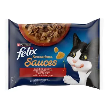 FELIX SENSATIONS Countryside Selection visavertis šlapiasis ėdalas suaugusioms katėms su padažu 4x85g